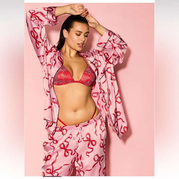VICTORIA'S SECRET Glazed Satin Long Pajama Set Chalk Rose Bows Fashion S… - Picture 2 of 8